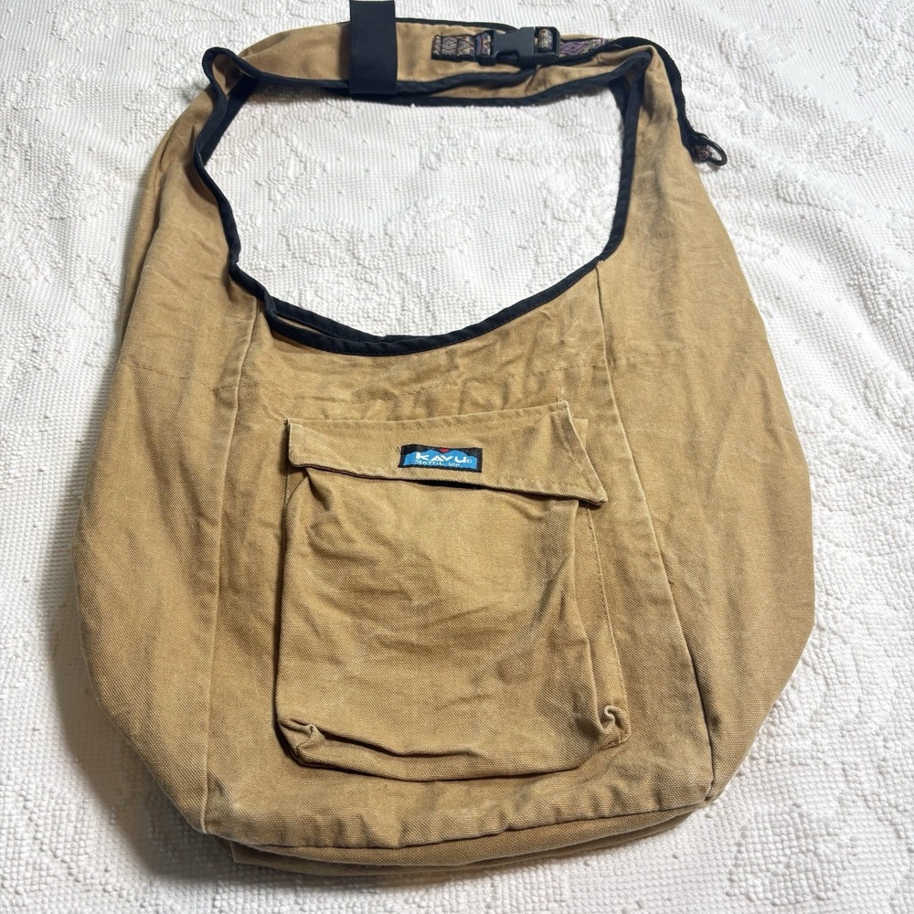KAVU Tan Black Vintage Crossbody Messenger Bag Longer Strap Cinch Inside